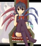  black_hair black_legwear black_thighhighs bow chair crossed_legs finger_to_mouth hasetomo highres houjuu_nue legs long_hair red_eyes sitting snake solo thigh-highs thighhighs touhou wings zettai_ryouiki zoom_layer 