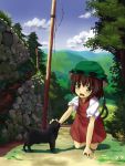  bad_id brown_eyes brown_hair cat cat_ears cat_tail chen child earrings fang hat hidebo jewelry multiple_tails petting short_hair tail touhou 
