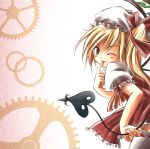  :p amamorient blonde_hair blush demon_tail dress finger_to_mouth flandre_scarlet gears hat laevatein long_hair looking_back pink_eyes ponytail short_hair solo tail thighhighs tongue touhou white_legwear wings wink zettai_ryouiki 