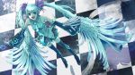  aqua_hair blue_eyes checkered checkered_floor detached_sleeves feathers hatsune_miku haya-g legs long_hair necktie skirt smile solo thigh-highs thighhighs twintails very_long_hair vocaloid wings zettai_ryouiki 