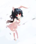  1girl animal_ears barefoot black_hair blush bunny_ears inaba_tewi rabbit_ears red_eyes scarf shin_(new) short_hair smile snow solo thighhighs touhou 