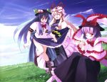 food hat highres hinanawi_tenshi long_skirt nagae_iku ribbon seo_tatsuya sitting skirt skirt_lift touhou wink yakumo_yukari