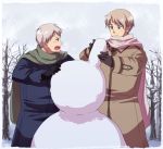  axis_powers_hetalia bad_id blonde_hair coat daizu_(kinako) daizu_(pixiv555157) military military_uniform multiple_boys prussia_(hetalia) russia_(hetalia) scarf snow snowman uniform 