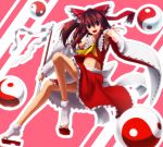  brown_hair detached_sleeves din_(artist) din_(flypaper) gohei hakurei_reimu japanese_clothes long_hair midriff miko navel open_mouth orb red_eyes ribbon sandals shoe_dangle smile spell_card touhou yin_yang 