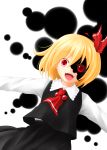  1girl ascot baia blonde_hair looking_at_viewer open_mouth outstretched_arms red_eyes rumia short_hair simple_background smile solo touhou white_background 
