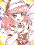  1girl :d alternate_hair_length alternate_hairstyle animal_ears arm_garter brown_eyes faux_traditional_media hand_on_own_chest hat long_sleeves mystia_lorelei open_mouth pink_hair short_hair smile solo star touhou wings yamami-hosyo 