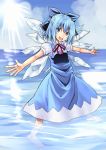  bad_id barefoot blue_hair boshinote bow cirno dress hair_bow hands solo touhou water 