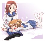  brown_hair fang kataoka_yuuki lap_pillow multiple_girls on_stomach pantyhose red_hair redhead saki school_uniform takei_hisa thighhighs white_legwear 