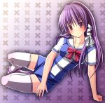  clannad fujibayashi_kyou long_hair on_side purple_eyes purple_hair sandals school_uniform shin_(applique) thigh-highs thighhighs violet_eyes 