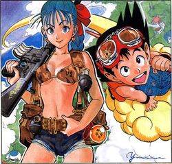  1boy 1girl bag belt bikini bikini_top blue_eyes blue_hair breasts bullet_hole bulma cleavage cloud clouds coast denim denim_shorts dragon_ball dragonball dragonball_z earrings explosive goggles grenade gun hotpants house jewelry kintoun machine_gun midriff murata_yuusuke navel nyoibo ocean ribbon rifle satchel short_shorts shorts signature sky son_goku son_gokuu staff swimsuit title_drop underboob weapon 