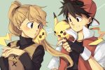  1boy 1girl baseball_cap blonde_hair chuchu_(pokemon) fingerless_gloves gloves hat pika_(pokemon) pikachu pokemon pokemon_(creature) pokemon_special ponytail red_(pokemon) yellow_(pokemon) yui_ko 