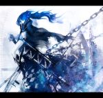  black_rock_shooter black_rock_shooter_(character) blue_eyes boots chain chains coat glowing glowing_eyes long_hair messoatheon midriff navel pale_skin shorts solo sword twintails uneven_twintails weapon 