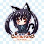  black_hair blush brown_eyes cat_ears cat_tail checkered chibi engrish highres k-on! long_hair nakano_azusa no_nose open_mouth paw_print ranguage school_uniform solo tail twintails yukito yukito_(chronicle) 