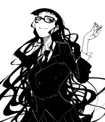  1girl buchou_(houkago_play) enoki-kou glasses houkago_play houkago_play_3 long_hair messy_hair monochrome necktie smile solo very_long_hair 