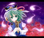  blush flower ghost green_eyes green_hair hands hat higanbana liselsia rod_of_remorse shikieiki_yamaxanadu short_hair solo spider_lily touhou 