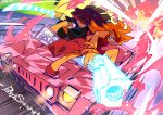 back_lace barefoot blonde_hair blue_eyes blue_hair bow car dress epic explosion gun hair_bow long_hair mayuge1017 motor_vehicle multicolored_hair multiple_girls panty_&amp;_stocking_with_garterbelt panty_(character) panty_(psg) pink_hair see-through_(jeep) see-through_(psg) stocking_(character) stocking_(psg) stripes_i_&amp;_ii sword two-tone_hair vehicle weapon 