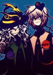  curly_hair evil_grin evil_smile eyes grey_hair grin hat heart ichikai komeiji_koishi komeiji_satori long_hair pink_hair red_eyes short_hair siblings sisters smile touhou 