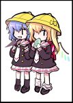  2girls alternate_costume bad_id blonde_hair blue_hair bread chibi contemporary flandre_scarlet food hat kiira melon_bread multiple_girls ponytail remilia_scarlet school_uniform short_hair siblings side_ponytail sisters touhou wings 