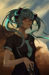  aqua_eyes aqua_hair bespectacled duplicate earrings glasses hands hatsune_miku jewelry lips long_hair microphone nail_polish necktie red-framed_glasses ring sky solo takuma_(largetakumamover) takumakuta twintails vocaloid wind 