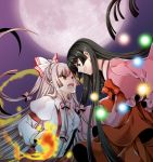  black_hair bow energy_ball fire fireball fujiwara_no_mokou full_moon hair_bow hair_ribbon houraisan_kaguya jeminl long_hair moon multiple_girls red_eyes ribbon roh_nam_kyung silver_hair suspenders touhou 