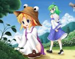  ahoge blonde_hair blue_eyes bluepony detached_sleeves eyes frog green_hair hair_ornament hat japanese_clothes kochiya_sanae miko moriya_suwako multiple_girls short_hair snake thigh-highs thighhighs touhou white_legwear 