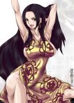  arms_up bad_id black_hair boa_hancock breasts china_dress chinese_clothes earrings forehead highres jewelry large_breasts long_hair madhatter_hello muscle one_piece open_mouth side_slit sideboob 