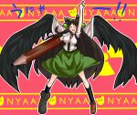  animal_ears asymmetrical_clothes blush_stickers bow brown_hair cat_ears eyes long_hair mismatched_footwear o_o pencil reiuji_utsuho touhou unyu weapon wings wooden_pencil xefy 
