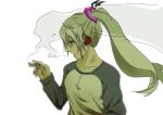  aqua_eyes bad_id cigarette green_hair hands hatsune_miku headphones hikarinoko long_hair simple_background smoking solo twintails vocaloid 