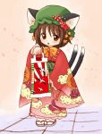 brown_eyes brown_hair cat_ears cat_tail chen eijima_moko japanese_clothes kimono multiple_tails short_hair solo tail touhou 