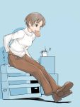  bad_id brown_hair mouth_hold nekomura pants short_hair sitting 