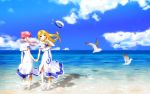  aria azumi_amane barefoot beach bird blonde_hair blue_eyes braid closed_eyes cloud clouds hat highres jpeg_artifacts long_hair mizunashi_akari ocean payot pink_hair single_braid sky smile soshina_nohito standing uniform very_long_hair wallpaper water wind 