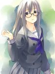  glasses grey_hair highres original school_uniform serafuku skirt solo yuuki_keisuke 