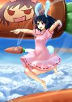  barefoot black_hair blue_door bunny_ears carrot cloud feet flying hands inaba_tewi jewelry missile pendant pointing rabbit_ears red_eyes rocket short_hair sky tail touhou 