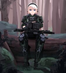  1girl absurdres assault_rifle bike_shorts blonde_hair blue_eyes bulletproof_vest commentary cqcnorthfish explosive expressionless facing_viewer forest grenade gun headphones highres knee_pads mechanical_legs military_patch nature original rifle sitting_on_log sleeves_rolled_up tactical_clothes weapon 