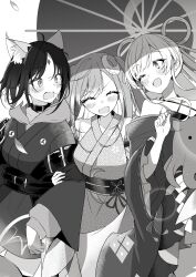  3girls absurdres animal_ears bare_shoulders blush cho_kaguya-hime! choker closed_eyes commentary forehead_jewel fox_ears girl_sandwich grabbing_another's_arm greyscale hair_ornament hair_rings hair_stick halterneck highres hood hoodie jakoten_(pixiv_54744064) kaguya_(cho_kaguya-hime!) kaguya_(tsukuyomi)_(cho_kaguya-hime!) long_hair long_sleeves looking_at_another lop_rabbit_ears monochrome multiple_girls oil-paper_umbrella one_eye_closed open_mouth petals rabbit_ears runami_yachiyo runami_yachiyo_(tsukuyomi) sakayori_iroha sakayori_iroha_(tsukuyomi) sandwiched short_hair smile twintails umbrella wide_sleeves 