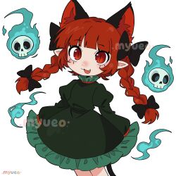  1girl animal_ears black_bow blunt_bangs bow braid cat_ears cat_girl cat_tail dress extra_ears fang green_dress hair_bow highres kaenbyou_rin looking_at_viewer myueo42 pointy_ears red_eyes red_hair sidelocks sleeves_past_fingers sleeves_past_wrists slit_pupils smile tail touhou twin_braids white_background 