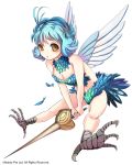  1girl ahoge blue_hair breasts cleavage feathers harpy monster_girl original short_hair solo suoni_(deeperocean) sword weapon wings yellow_eyes 