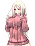  1girl blush breasts glowing glowing_eyes highres kantai_collection large_breasts long_hair looking_at_viewer naked_sweater personification red_eyes ribbed_sweater shiki_(psychedelic_g2) shinkaisei-kan silver_hair simple_background smile solo sweater ta-class_battleship turtleneck turtleneck_sweater white_background 