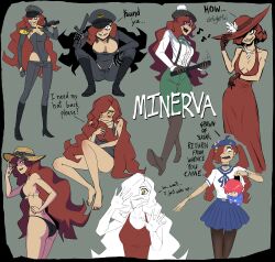  1girl 2girls absurdres armor baton_(weapon) bikini boots character_name chibi derpixon dress english_text hat high_heel_boots high_heels highres hood hoodie long_hair military_uniform minerva_(derpixon) multiple_girls multiple_persona original pantyhose pauldrons pink_hair pixen_(derpixon) red_dress red_hair short_hair shoulder_armor sun_hat swimsuit weapon white_hoodie 