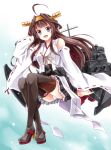  1girl bare_shoulders black_legwear blush brown_hair cannon detached_sleeves double_bun hair_ornament hairband headgear japanese_clothes kantai_collection kongou_(kantai_collection) kubyou_azami long_hair nontraditional_miko open_mouth panties personification skirt smile solo thighhighs turret underwear white_panties 