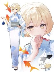 1girl alternate_costume alternate_hair_length_(shorter) blonde_hair closed_mouth commentary_request fingernails floral_print floral_print_kimono full_body genshin_impact grey_sash hair_between_eyes hand_up highres holding itsumi2 japanese_clothes kimono light_smile lumine_(genshin_impact) multiple_views obi party_horn print_kimono sandals sash short_hair simple_background smile standing toenails white_background white_kimono yellow_eyes 
