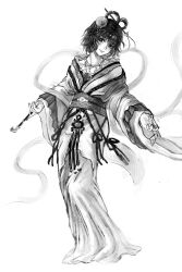  1girl black_hair chinese_clothes chinese_commentary commentary_request flower greyscale hagoromo hair_flower hair_ornament hair_rings hair_stick hanfu highres holding holding_smoking_pipe jewelry kaku_seiga looking_at_viewer monochrome necklace obi sash shawl short_hair smile smoking_pipe suiying742 touhou wide_sleeves 