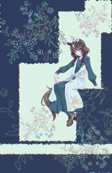  1girl animal_ears braid brown_hair closed_mouth commentary curren_bouquetd'or_(umamusume) dress flower grey_eyes hair_between_eyes hair_ornament hairband high_heels highres horse_ears horse_girl horse_tail long_hair looking_at_viewer low_twin_braids lu_cao mismatched_ear_covers shoes sitting smile solo tail twin_braids umamusume untranslatable_commentary 