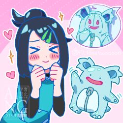  >_< 1girl 40_tomato black_hair black_shirt blush clenched_hands closed_mouth ditto excited hair_ornament hairclip hands_up heart highres hood hood_down hooded_vest hoodie liko_(pokemon) nidothing pink_background pokemon pokemon_(anime) pokemon_horizons shirt sidelocks smile sparkle sweatdrop swept_bangs transformed_ditto vest waving 