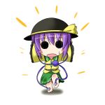  1girl blush_stickers chibi cosplay eyepatch hat ichimi komeiji_koishi komeiji_koishi_(cosplay) looking_at_viewer nagae_iku open_mouth outstretched_arms purple_hair short_hair skirt sleeves_past_wrists solid_circle_eyes solo third_eye touhou wide_sleeves 