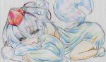  1girl animal_ears bare_shoulders blush colored_pencil_(medium) detached_sleeves hat highres inubashiri_momiji kitazinger lying on_stomach open_mouth short_hair silver_hair sleeping solo tail tokin_hat touhou traditional_media wolf_ears wolf_tail 