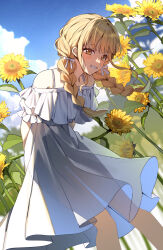  1girl blonde_hair blue_sky braid chapuding clouds cloudy_sky commentary_request day feet_out_of_frame flower fujita_kotone gakuen_idolmaster highres idolmaster long_hair looking_at_viewer outdoors see-through_silhouette single_braid sky smile solo standing sunflower teeth yellow_eyes 