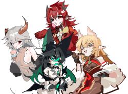  4girls animal_ears black_hair blonde_hair candy chinese_commentary colored_tongue comifree_lin commentary_request dress food fox_ears gloves green_eyes green_hair grey_hair highres holding holding_candy holding_food holding_lollipop horns jacket lollipop long_hair looking_at_viewer multicolored_hair multiple_girls one_eye_closed open_mouth original pointy_ears red_eyes red_hair simple_background sweater tongue tongue_out wings yellow_eyes 