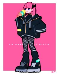  1girl absurdres black_boots black_bow black_jacket black_shirt blunt_bangs boots border bow commentary english_commentary english_text fishnet_pantyhose fishnets food full_body hair_bow hand_in_pocket highres holding holding_food holding_ice_cream hood hooded_jacket ice_cream ice_cream_cone jacket jo_suke long_hair long_sleeves mixed-language_commentary open_clothes open_jacket open_mouth original pantyhose pink_background pink_hair shirt signature simple_background sleeveless solo standing twintails violet_eyes white_border zipper zipper_pull_tab 