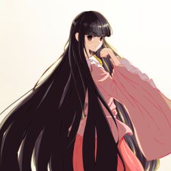  1girl absurdres black_eyes black_hair blunt_bangs bright_pupils closed_mouth collared_shirt commentary cowboy_shot dot_nose frilled_shirt_collar frilled_sleeves frills from_side hand_up highres hime_cut houraisan_kaguya long_hair long_sleeves looking_at_viewer pink_shirt pink_skirt shirt simple_background skirt smile solo split_mouth standing touhou turning_head very_long_hair white_background white_pupils wide_sleeves zaguromaru 